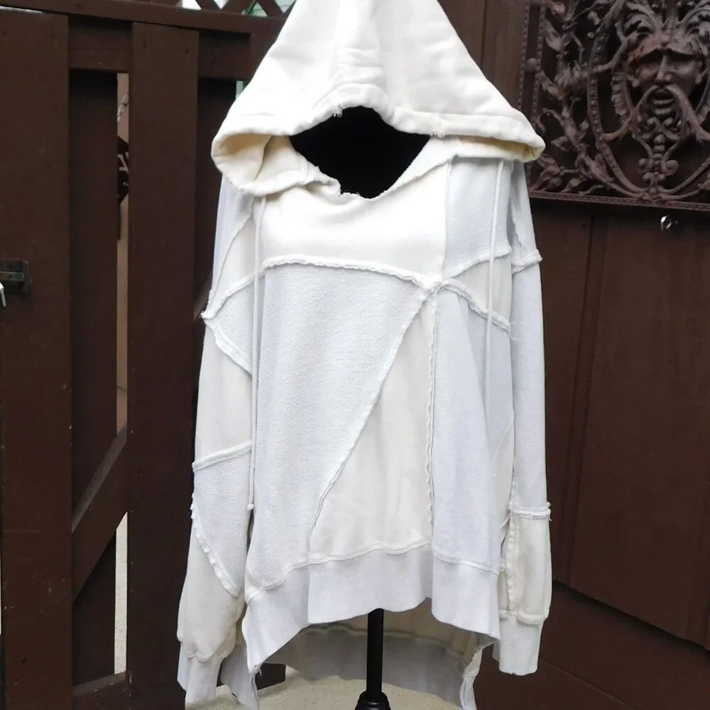 RARE Free People L Oversized Gray & Ivory Patchwork Hoodie Sweatshirt - Picture 2 of 6